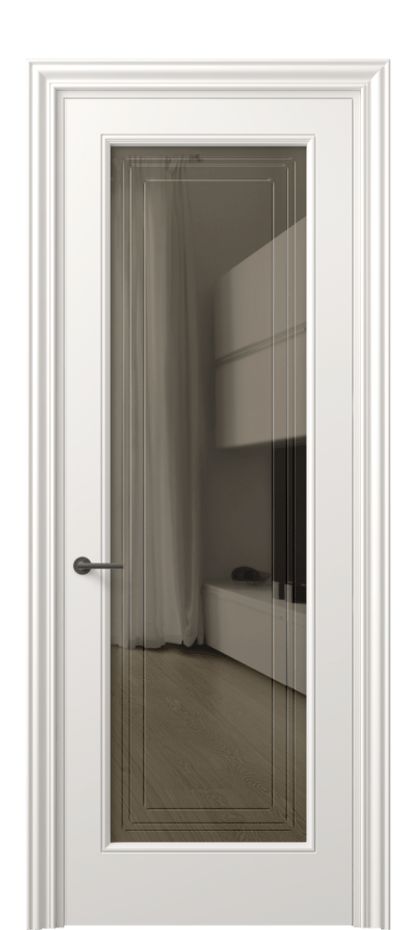 Межкомнатная дверь Mascot 8400 Матовый пудровый белый Прозрачное бронзовое стекло с гравировкой "Грани", триплекс Цена 436540 ₸ | Volhovec