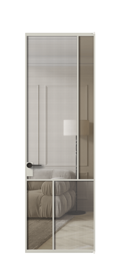 Межкомнатная дверь Mosaic АЛПЛ041.21 Алюминий тёплый серый Декоративное стекло с сеткой "Mesh silver", триплекс, 6 мм + Прозрачное бронзовое стекло, триплекс Цена 1036400 ₸ | Volhovec