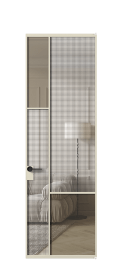 Межкомнатная дверь Mosaic АЛПЛ041.13 Алюминий бежево-серый Декоративное стекло с сеткой "Mesh silver", триплекс, 6 мм + Прозрачное бронзовое стекло, триплекс Цена 1036400 ₸ | Volhovec