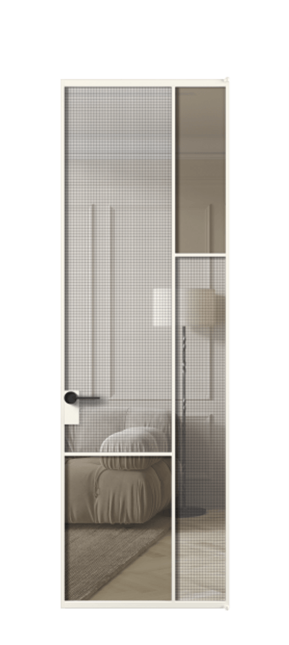 Межкомнатная дверь Mosaic АЛПЛ041.12 Алюминий пудровый белый Декоративное стекло с сеткой "Mesh silver", триплекс, 6 мм + Прозрачное бронзовое стекло, триплекс Цена 1036400 ₸ | Volhovec