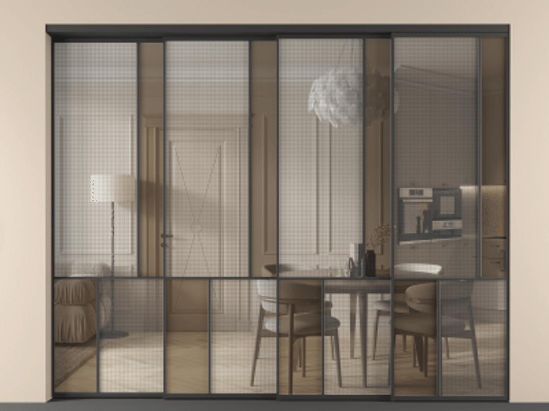 Перегородка Mosaic внутри проёма 4 створки с синхронным механизмом АЛПР 041.21 Алюминий Черный Декоративное стекло с сеткой "Mesh silver", триплекс, 6 мм + Прозрачное бронзовое стекло, триплекс. Скрытый короб ЧЕР Цена 3644530 ₸ . Фабрика дверей Волховец 8 (800) 551 43 19 Перегородка Mosaic внутри проёма 4 створки с синхронным механизмом АЛПР 041.21 Алюминий Черный Декоративное стекло с сеткой "Mesh silver", триплекс, 6 мм + Прозрачное бронзовое стекло, триплекс Цена 3644530 ₸ | Volhovec