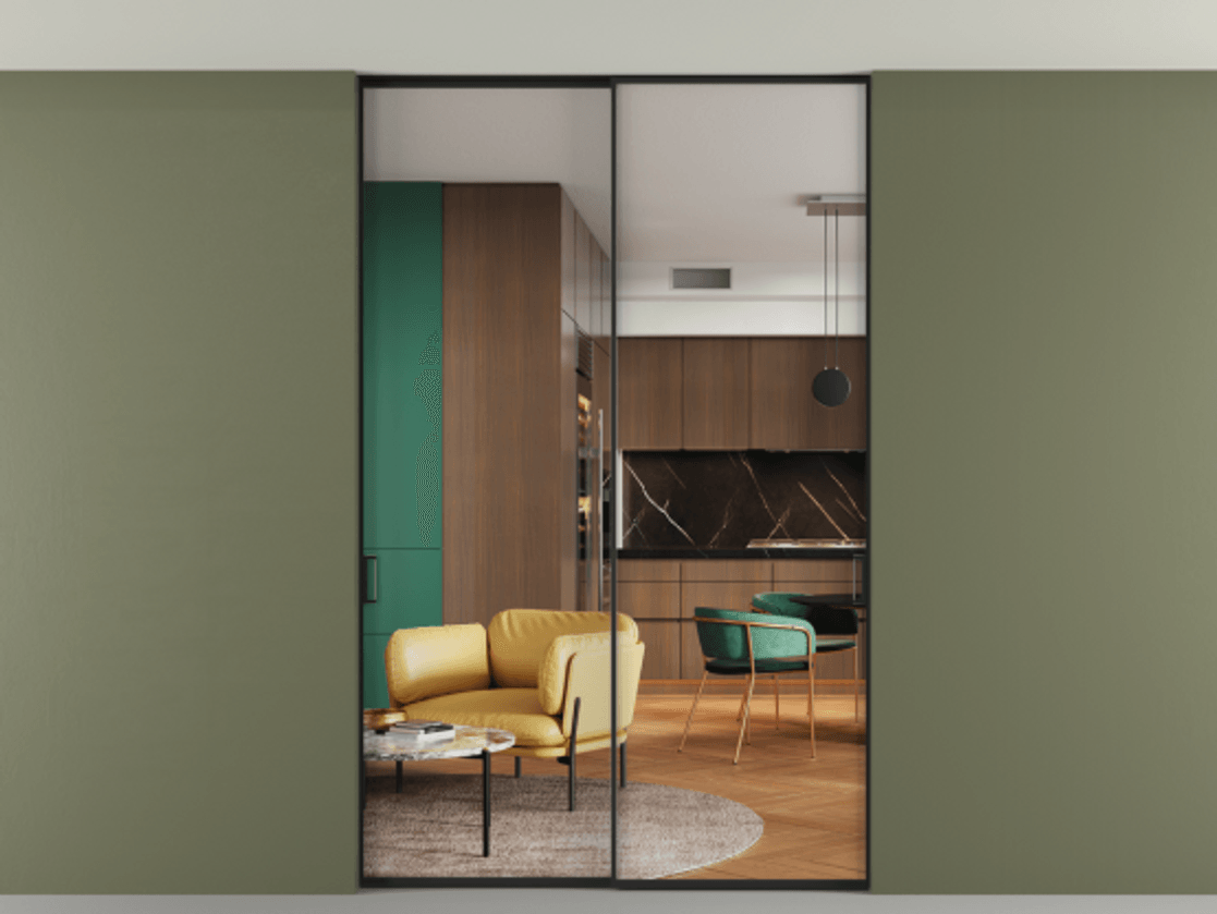 Перегородка Formato внутри проёма скрытое крепление в потолок 2 створки АЛПР 040.01 Алюминий Черный Прозрачное стекло "Crystal Vision", калёное Цена 1785640 ₸ | Volhovec