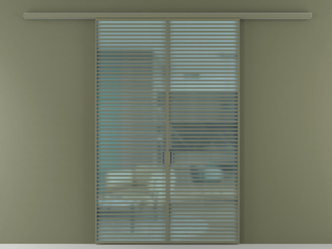 Перегородка Формато вдоль стены 2 створки АЛПР 040.07 Алюминий оливковый тёмный Сатинированное голубое стекло, триплекс Цена 2588922 ₸ | Volhovec