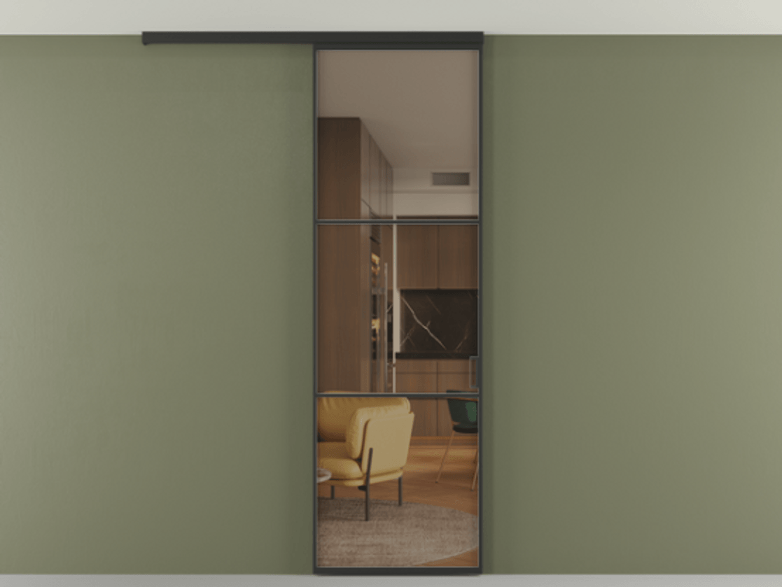 Перегородка Формато вдоль стены на потолок 1 створка АЛПР 040.03 Алюминий Черный Прозрачное бронзовое стекло, триплекс Цена 853146 ₸ | Volhovec