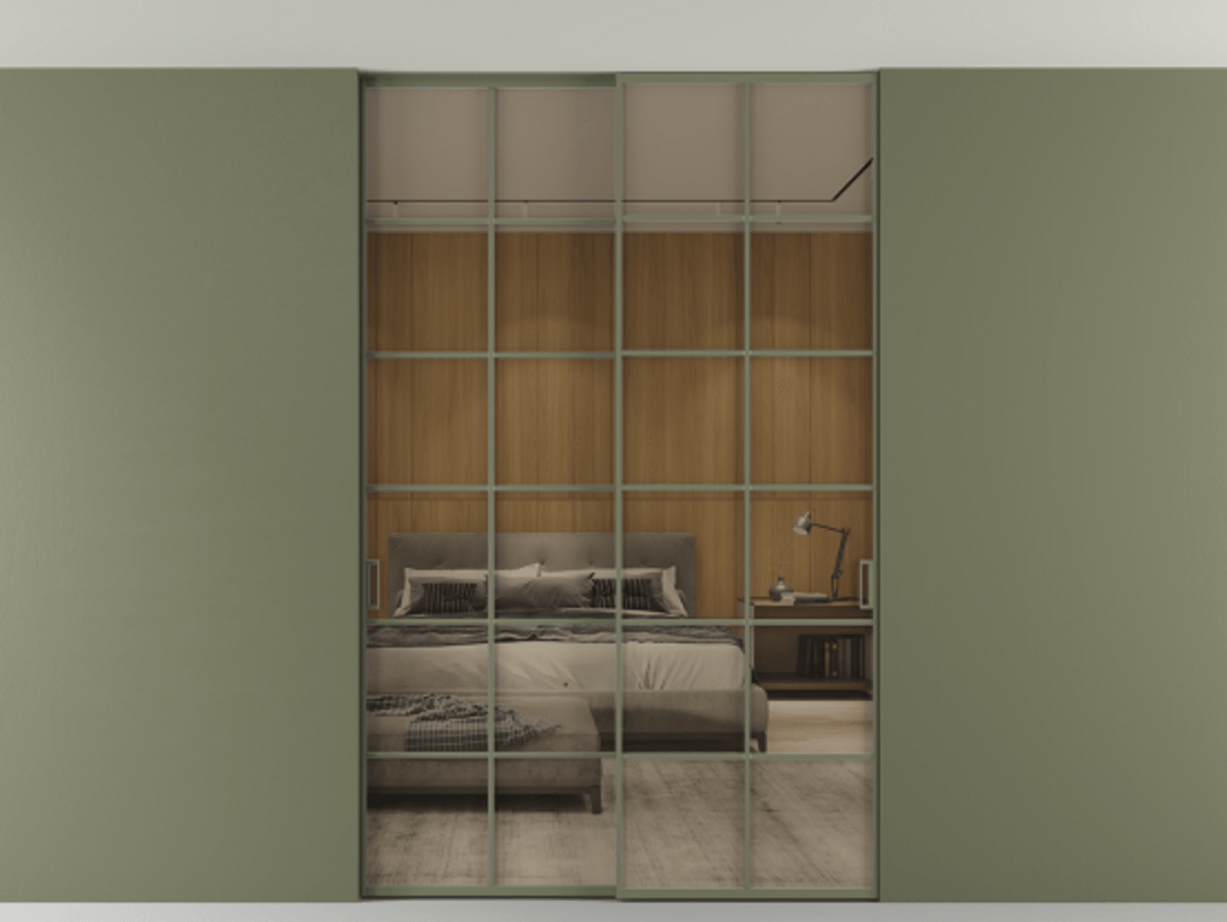 Перегородка Formato внутри проёма двустворчатая со скрытым креплением в потолок АЛПР 040.05 Алюминий оливковый тёмный Рефлективное бронзовое стекло "Stopsol", калёное, 6 мм.  Цена 1904070 ₸ 1. Полотно 2 шт. (800/2100 мм)
 2. Комплект установки раздвижной системы
 3. Базовый комплект фурнитуры
4. Ручка RONDO. Фабрика дверей Волховец 8 (800) 551 43 19  Перегородка Formato внутри проёма двустворчатая со скрытым креплением в потолок АЛПР 040.05 Алюминий оливковый тёмный Рефлективное бронзовое стекло "Stopsol", калёное, 6 мм Цена 1904070 ₸ | Volhovec