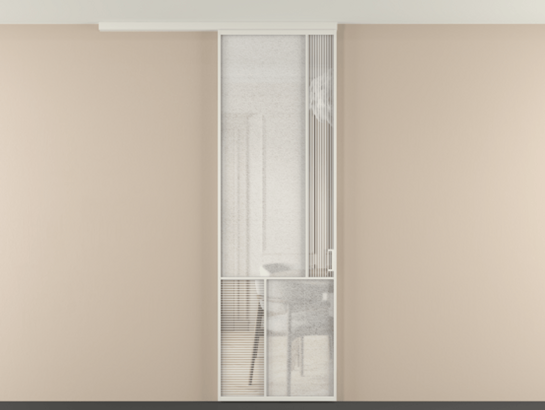 Перегородка Мозаик вдоль стены на потолок 1 створка АЛПР 041.21 Алюминий Белый Рифлёное стекло "Дюна", триплекс, 6 мм + Фактурное стекло "Лёд", триплекс Цена 1039954 ₸ | Volhovec