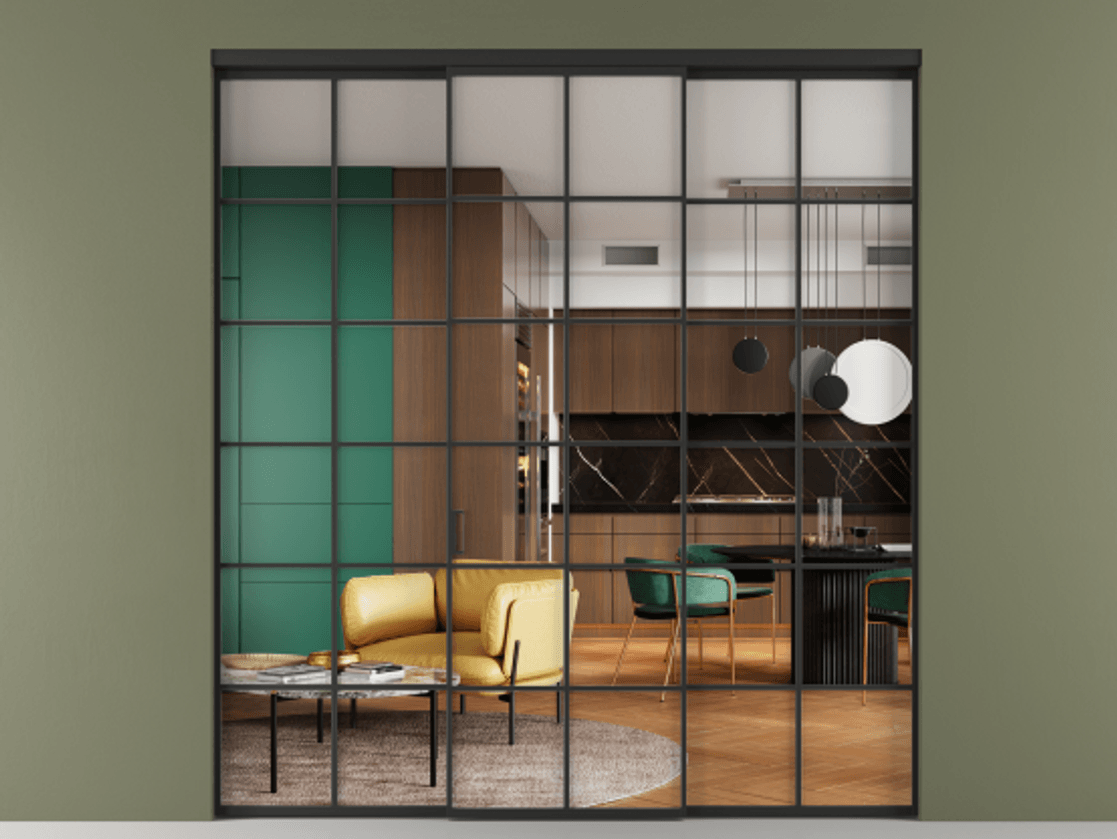 Перегородка Формато внутри проёма 3 створки АЛПР 040.05 Алюминий Черный Прозрачное стекло "Кристал Вижн", калёное Цена 2478168 ₸ | Volhovec