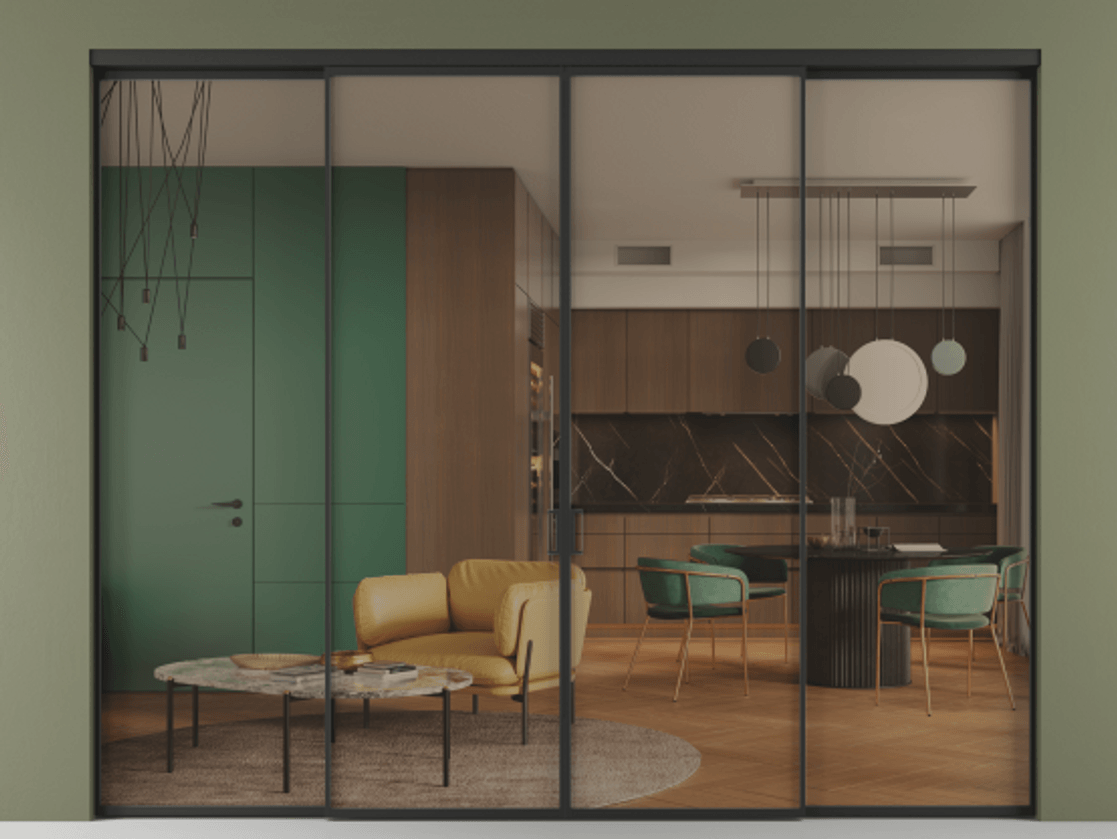 Перегородка Formato внутри проёма четырёхстворчатая АЛПР 040.01 Алюминий Черный Прозрачное бронзовое стекло, триплекс, 6 мм. Скрытый короб ЧЕР Цена 2119100 ₸ 1. Полотно 4 шт.  (800/2100 мм)
2. Комплект установки раздвижной системы
3. Базовый комплект фурнитуры
4.Ручка RONDO. Фабрика дверей Волховец 8 (800) 551 43 19  Перегородка Formato внутри проёма четырёхстворчатая АЛПР 040.01 Алюминий Черный Прозрачное бронзовое стекло, триплекс, 6 мм Цена 2119100 ₸  | Volhovec