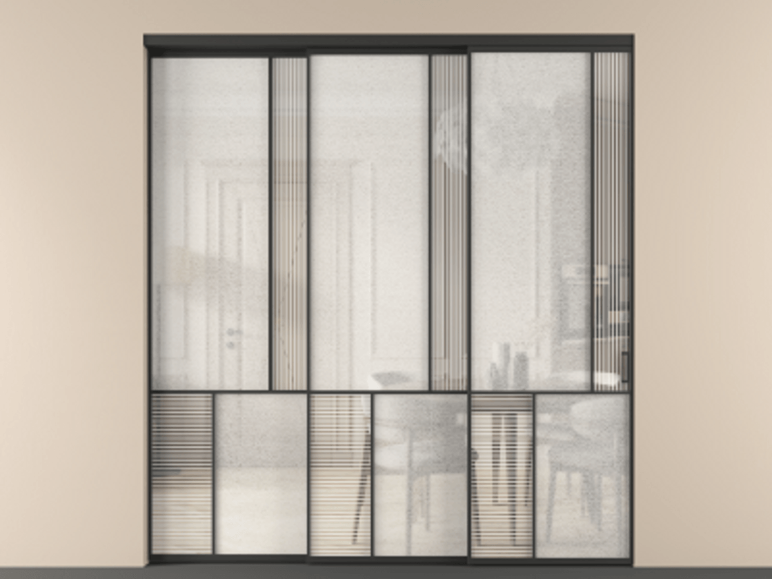 Перегородка Mosaic внутри проёма 3 створки с синхронным механизмом АЛПР 041.21 Алюминий Черный Рифлёное стекло "Дюна", триплекс, 6 мм + Фактурное стекло "Лёд", триплекс Цена 2752280 ₸ | Volhovec