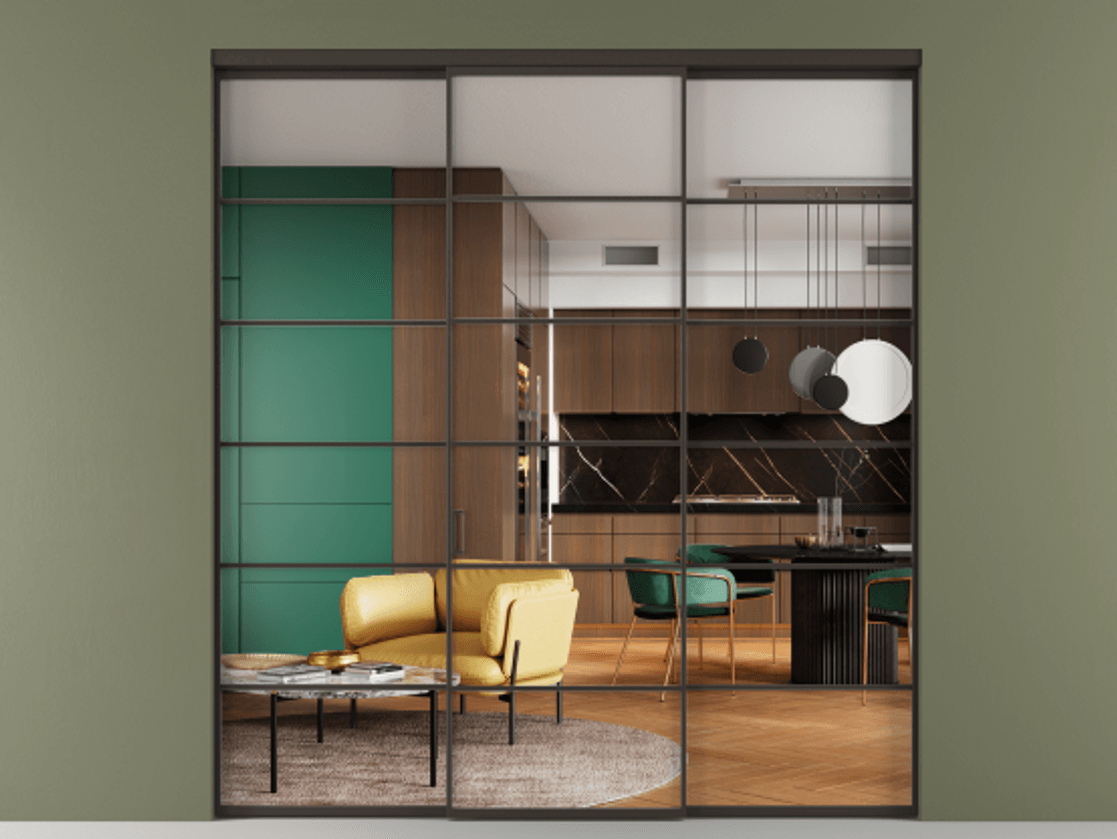 Перегородка Формато внутри проёма 3 створки АЛПР 040.04 Алюминий антрацит Прозрачное стекло "Кристал Вижн", калёное Цена 2577960 ₸ | Volhovec