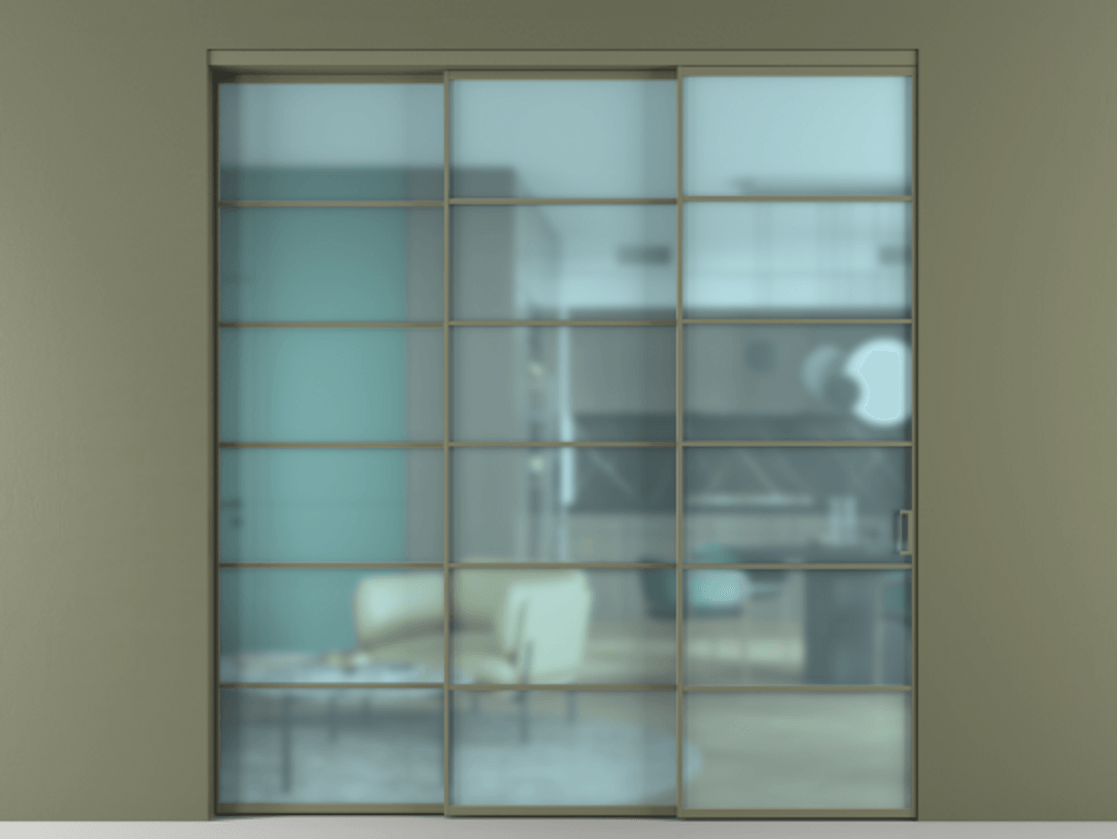 Перегородка Формато внутри проёма 3 створки с синхронным механизмом АЛПР 040.04 Алюминий оливковый тёмный Сатинированное голубое стекло, триплекс Цена 2652237 ₸  | Volhovec