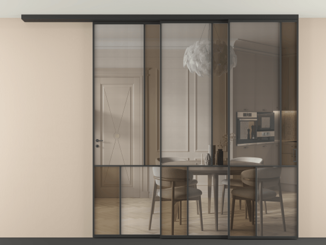 Перегородка Mosaic вдоль стены на потолок 3 створки с синхронным механизмом АЛПР 041.21 Алюминий Черный Декоративное стекло с сеткой "Mesh silver", триплекс, 6 мм + Прозрачное бронзовое стекло, триплекс. Скрытый короб ЧЕР Цена 3074320 ₸ . Фабрика дверей Волховец 8 (800) 551 43 19 Перегородка Mosaic вдоль стены на потолок 3 створки с синхронным механизмом АЛПР 041.21 Алюминий Черный Декоративное стекло с сеткой "Mesh silver", триплекс, 6 мм + Прозрачное бронзовое стекло, триплекс Цена 3074320 ₸ | Volhovec