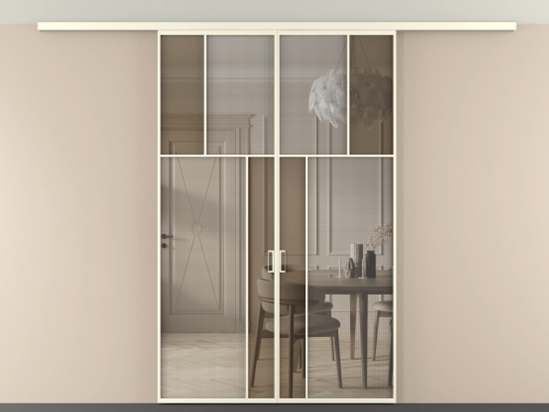 Перегородка Mosaic вдоль стены на потолок двустворчатая АЛПР 041.22 Алюминий молочно-белый Декоративное стекло с сеткой "Mesh silver", триплекс, 6 мм + Прозрачное бронзовое стекло, триплекс, 6 мм.  Цена 1621901 ₸ . Фабрика дверей Волховец 8 (800) 551 43 19  Перегородка Mosaic вдоль стены на потолок двустворчатая АЛПР 041.22 Алюминий молочно-белый Декоративное стекло с сеткой "Mesh silver", триплекс, 6 мм + Прозрачное бронзовое стекло, триплекс, 6 мм Цена 1621901 ₸ | Volhovec