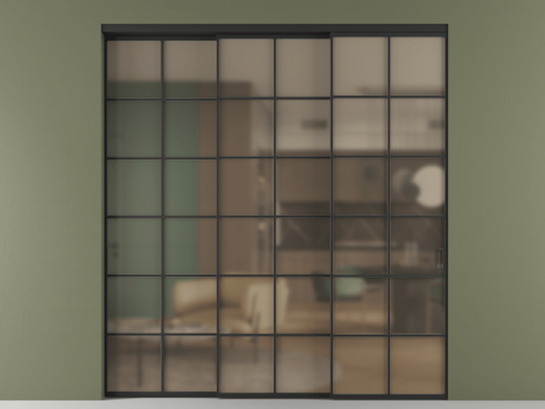 Перегородка Формато внутри проёма 3 створки с синхронным механизмом АЛПР 040.05 Алюминий Черный Сатинированное бронзовое стекло, триплекс Цена 2976372 ₸  | Volhovec