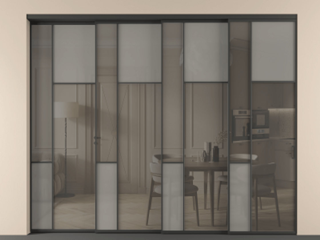 Перегородка Mosaic внутри проёма телескопик синхро 3 АЛПР 041.11 Алюминий Черный Сатинированное серое стекло, триплекс, 6 мм + Прозрачное серое стекло, триплекс, 6 мм. Скрытый короб ЧЕР Цена 3296090 ₸ . Фабрика дверей Волховец 8 (800) 551 43 19  Перегородка Mosaic внутри проёма телескопик синхро 3 АЛПР 041.11 Алюминий Черный Сатинированное серое стекло, триплекс, 6 мм + Прозрачное серое стекло, триплекс, 6 мм Цена 3296090 ₸ | Volhovec