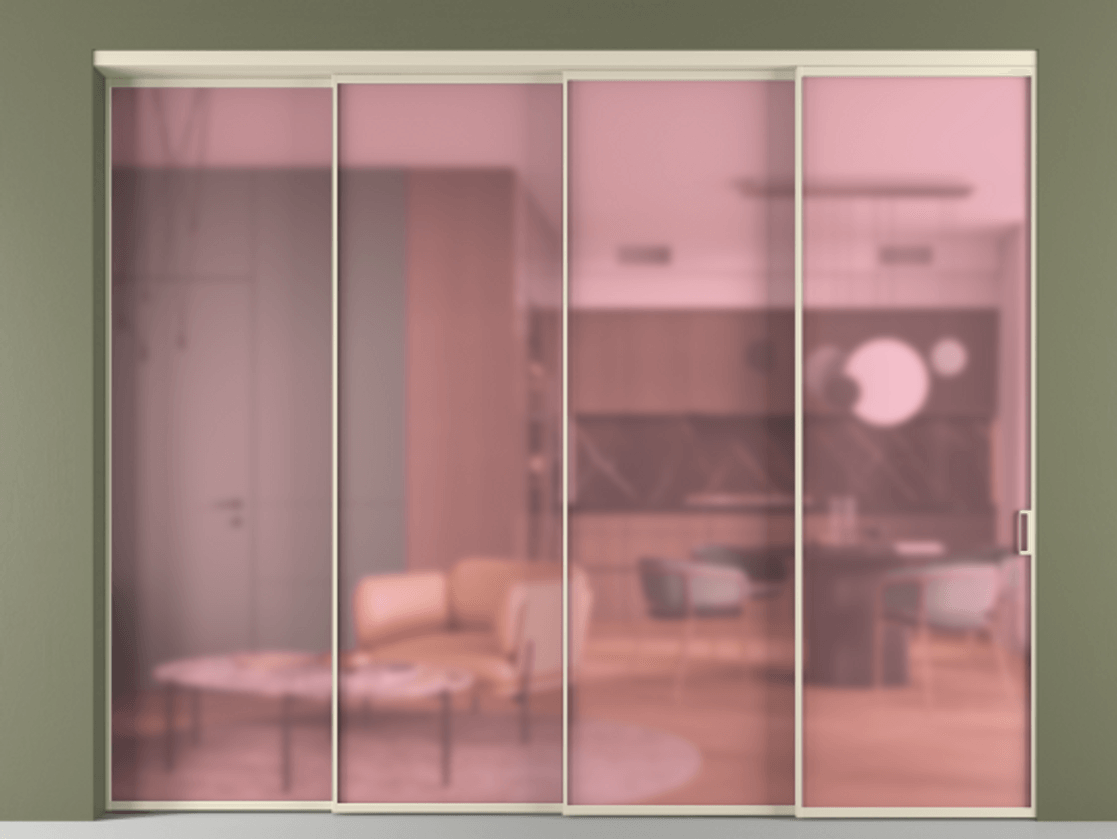 Перегородка Формато внутри проёма 4 створки с синхронным механизмом АЛПР 040.01 Алюминий бежево-серый Сатинированное розовое стекло, триплекс Цена 3269700 ₸ | Volhovec