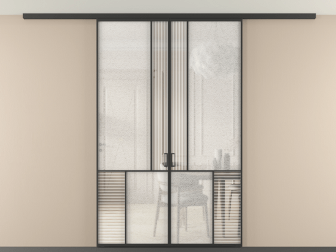 Перегородка Mosaic вдоль стены на потолок 2 створки АЛПР 041.20 Алюминий Черный Рифлёное стекло "Дюна", триплекс, 6 мм + Фактурное стекло "Лёд", триплекс. Скрытый короб ЧЕР Цена 1674320 ₸ . Фабрика дверей Волховец 8 (800) 551 43 19 Перегородка Mosaic вдоль стены на потолок 2 створки АЛПР 041.20 Алюминий Черный Рифлёное стекло "Дюна", триплекс, 6 мм + Фактурное стекло "Лёд", триплекс Цена 1674320 ₸ | Volhovec