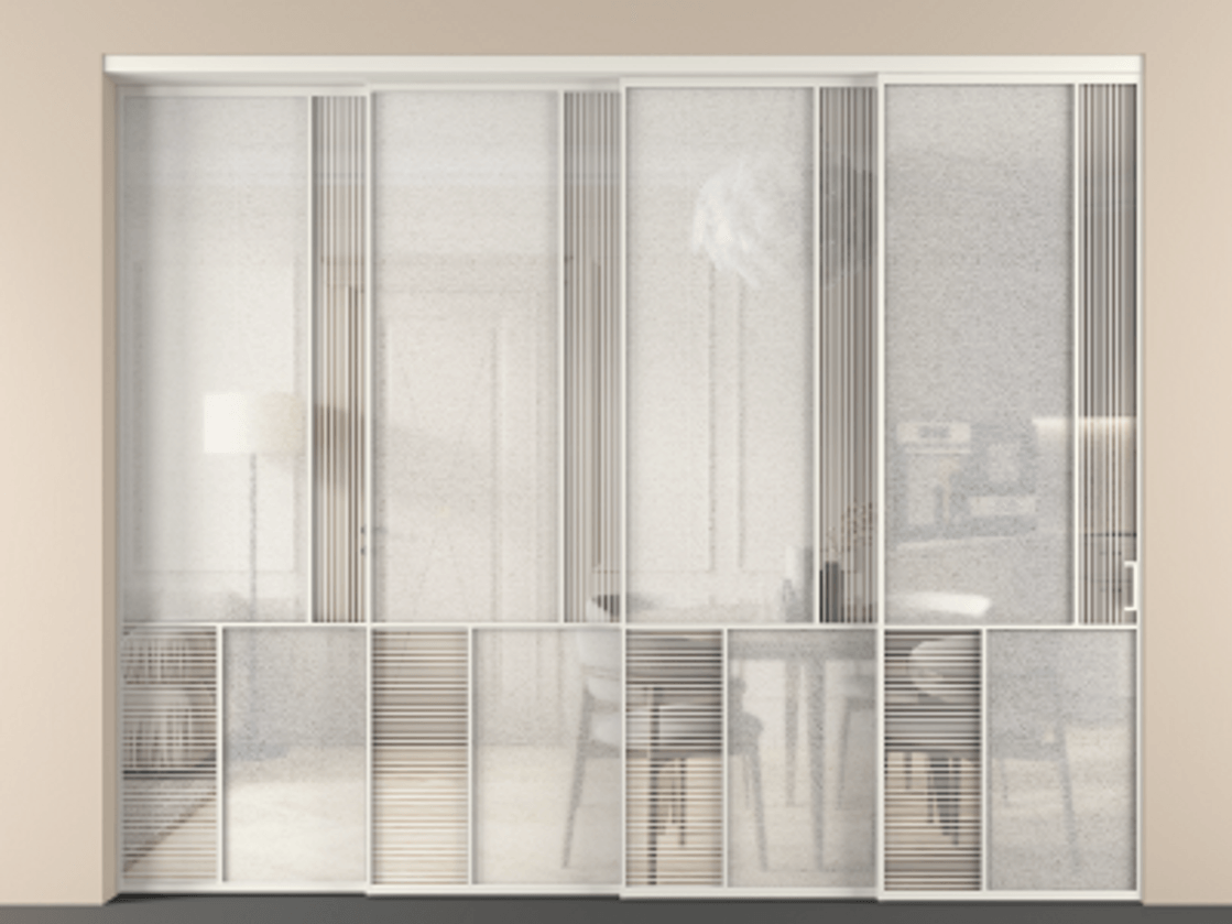 Перегородка Мозаик внутри проёма 4 створки с синхронным механизмом АЛПР 041.21 Алюминий Белый Рифлёное стекло "Дюна", триплекс, 6 мм + Фактурное стекло "Лёд", триплекс Цена 4475974 ₸ | Volhovec