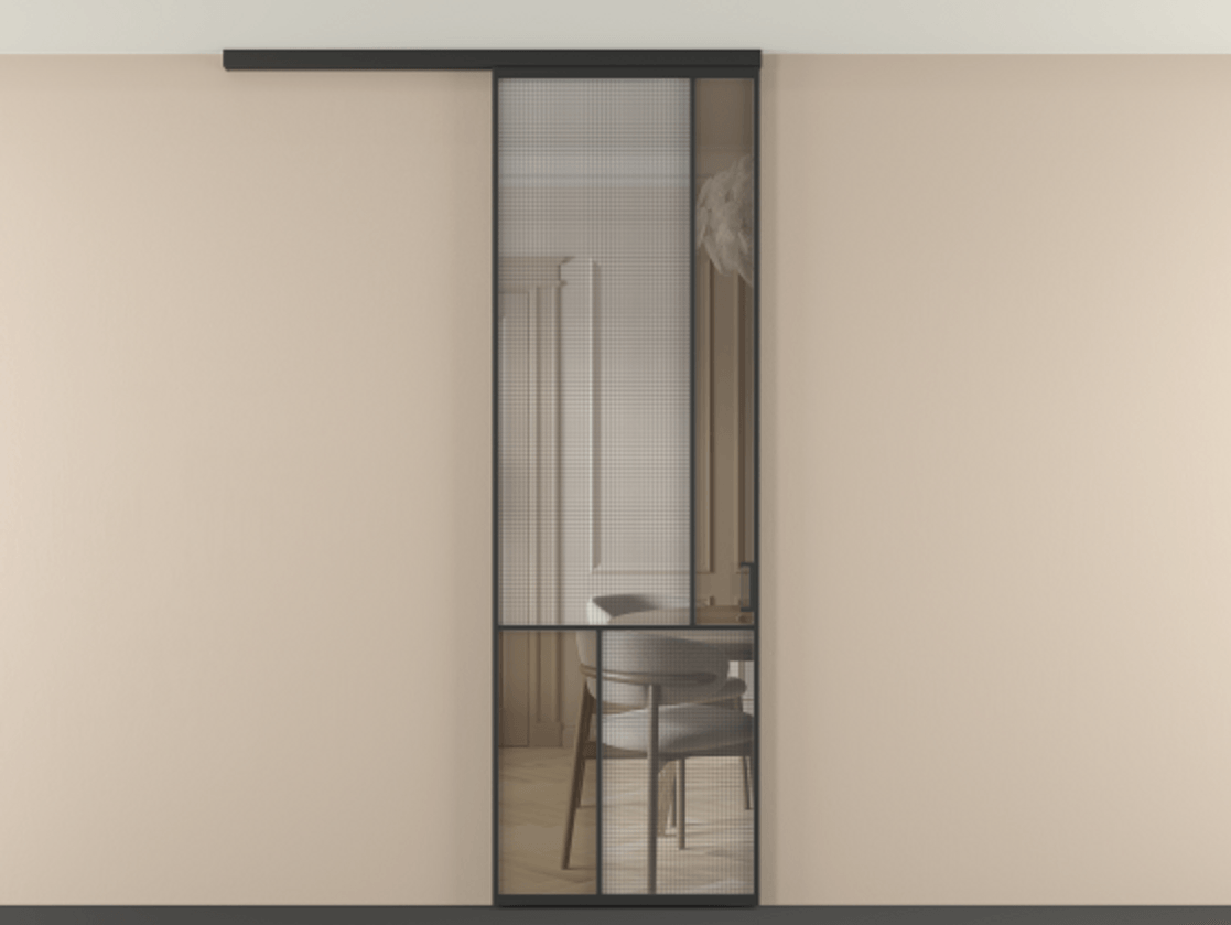 Перегородка Mosaic вдоль стены на потолок 1 створка АЛПР 041.21 Алюминий Черный Декоративное стекло с сеткой "Mesh silver", триплекс, 6 мм + Прозрачное бронзовое стекло, триплекс. Скрытый короб ЧЕР Цена 845890 ₸ . Фабрика дверей Волховец 8 (800) 551 43 19 Перегородка Mosaic вдоль стены на потолок 1 створка АЛПР 041.21 Алюминий Черный Декоративное стекло с сеткой "Mesh silver", триплекс, 6 мм + Прозрачное бронзовое стекло, триплекс Цена 845890 ₸ | Volhovec