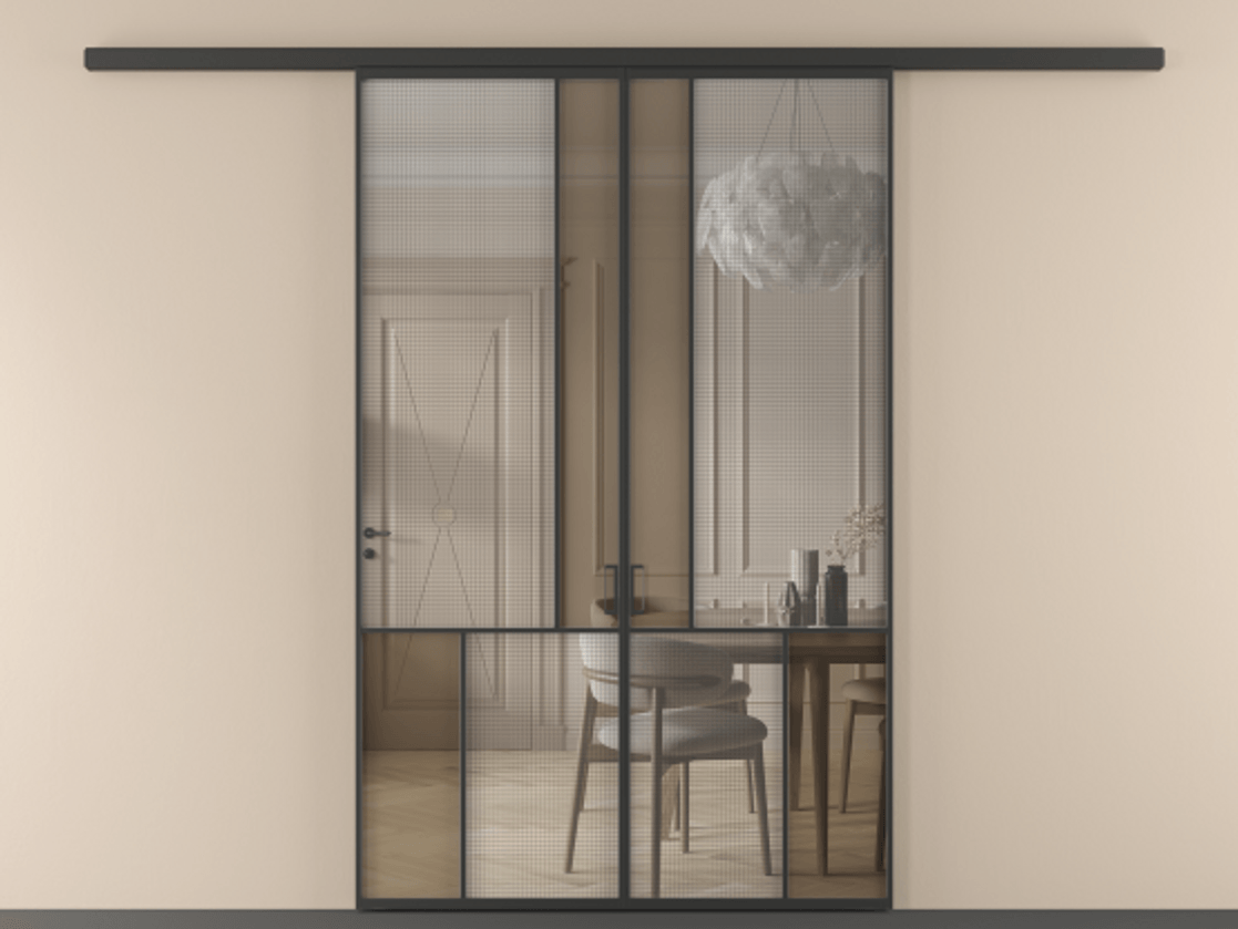 Перегородка Mosaic вдоль стены 2 створки АЛПР 041.20 Алюминий Черный Декоративное стекло с сеткой "Mesh silver", триплекс, 6 мм + Прозрачное бронзовое стекло, триплекс Цена 1660340 ₸ | Volhovec