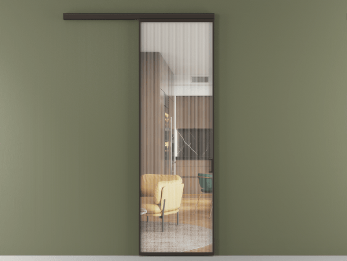 Перегородка Formato вдоль стены одностворчатая АЛПР 040.01 Алюминий антрацит Рифлёное стекло "Moru", триплекс, 8 мм.  Цена 730080 ₸ 1. Полотно (800/2100 мм)
2. Комплект установки раздвижной системы
3. Базовый комплект фурнитуры
4.Ручка RONDO
. Фабрика дверей Волховец 8 (800) 551 43 19  Перегородка Formato вдоль стены одностворчатая АЛПР 040.01 Алюминий антрацит Рифлёное стекло "Moru", триплекс, 8 мм Цена 730080 ₸  | Volhovec