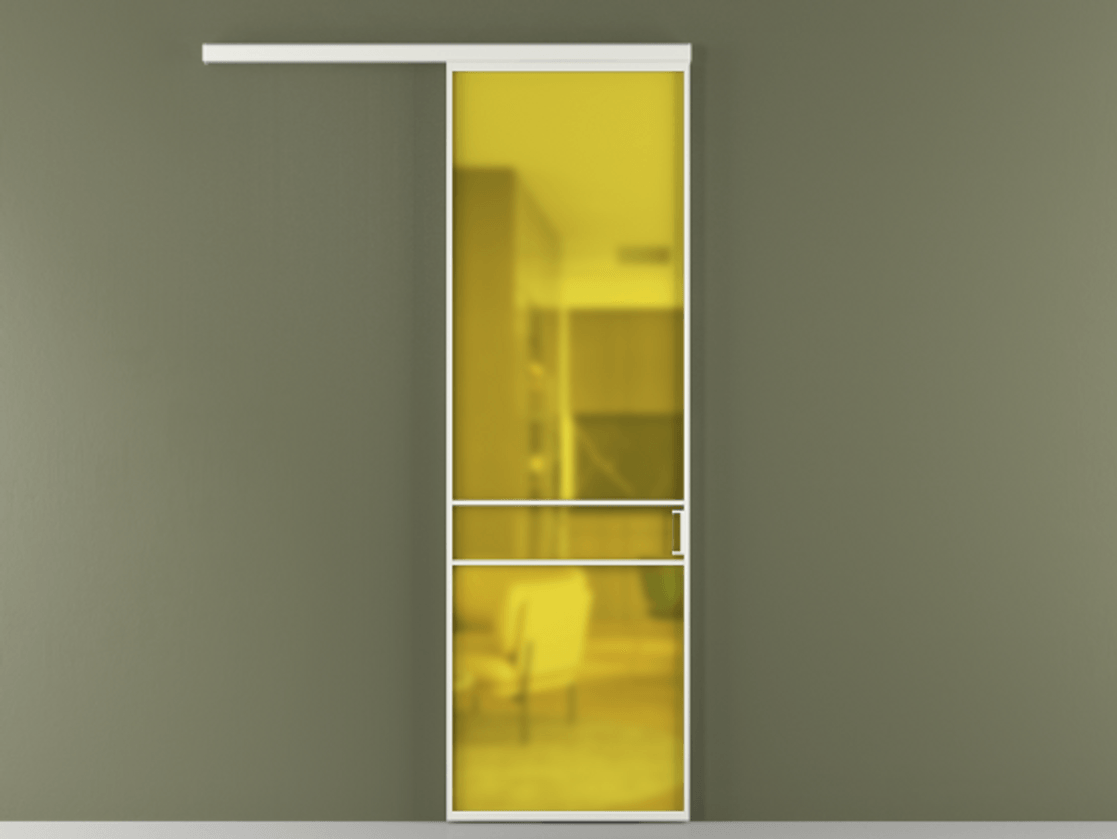 Перегородка Формато вдоль стены 1 створка АЛПР 040.02 Алюминий светло-серый Сатинированное жёлтое стекло, триплекс Цена 773577 ₸  | Volhovec