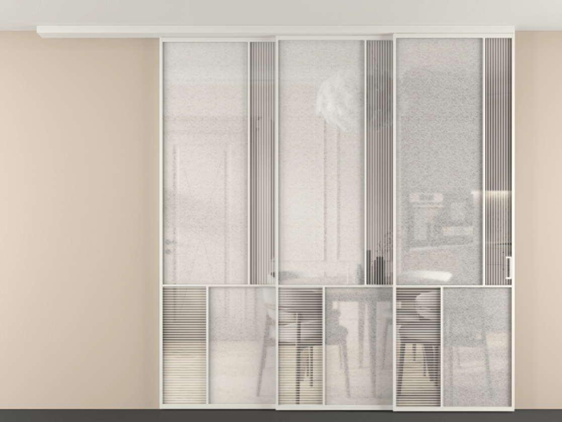 Перегородка Мозаик вдоль стены на потолок 3 створки с синхронным механизмом АЛПР 041.21 Алюминий Белый Рифлёное стекло "Дюна", триплекс, 6 мм + Фактурное стекло "Лёд", триплекс Цена 3770021 ₸ | Volhovec