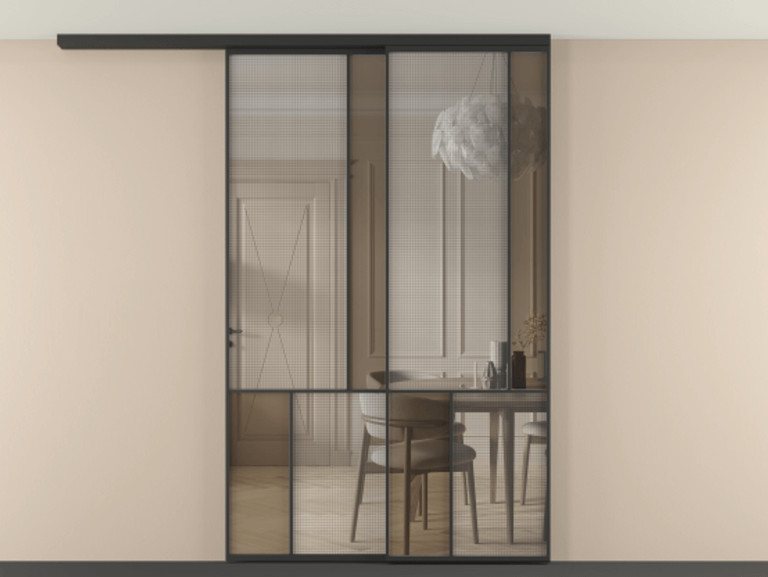 Перегородка Mosaic вдоль стены на потолок 2 створки с синхронным механизмом АЛПР 041.21 Алюминий Черный Декоративное стекло с сеткой "Mesh silver", триплекс, 6 мм + Прозрачное бронзовое стекло, триплекс Цена 2131080 ₸ | Volhovec