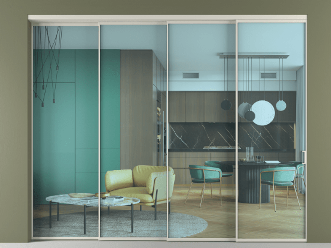 Перегородка Формато внутри проёма 4 створки с синхронным механизмом АЛПР 040.01 Алюминий тёплый серый Прозрачное голубое стекло, триплекс Цена 3269700 ₸ | Volhovec