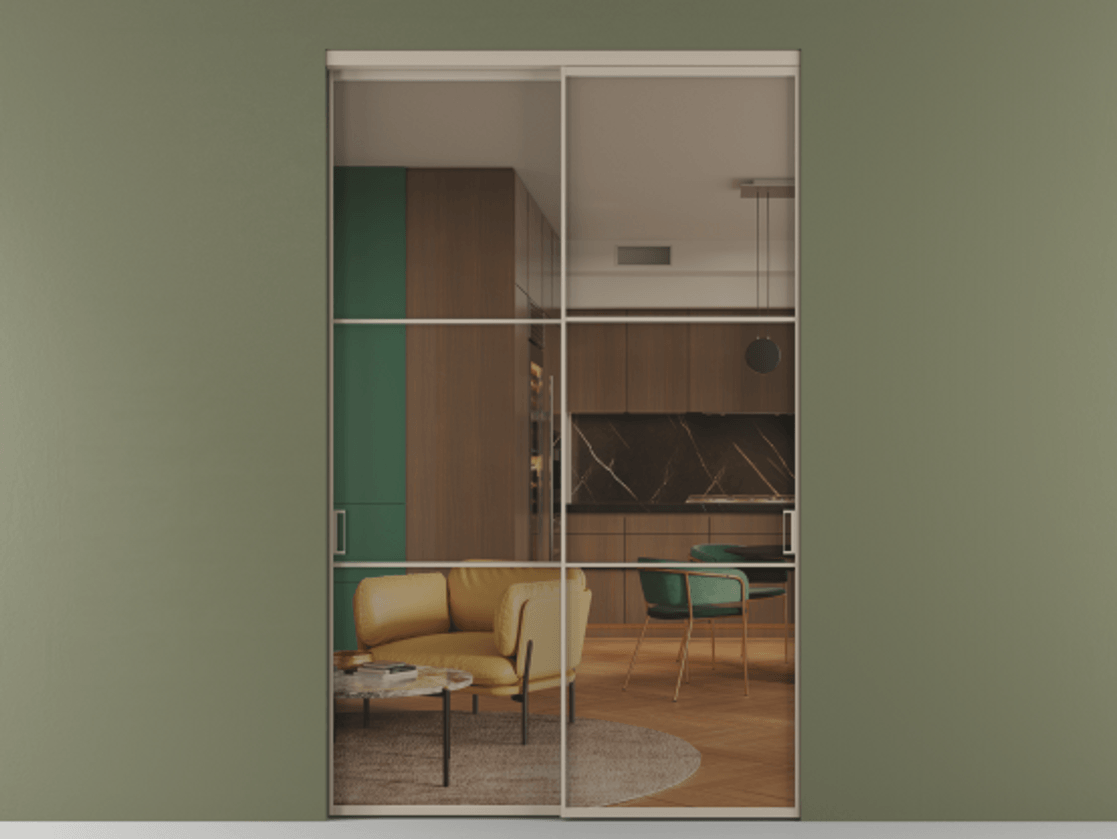 Перегородка Formato внутри проёма двустворчатая АЛПР 040.03 Алюминий бисквитный Прозрачное бронзовое стекло, триплекс, 6 мм.  Цена 1229900 ₸ 1. Полотно 2 шт.  (800/2100 мм)
2. Комплект установки раздвижной системы
3. Базовый комплект фурнитуры
4.Ручка RONDO. Фабрика дверей Волховец 8 (800) 551 43 19  Перегородка Formato внутри проёма двустворчатая АЛПР 040.03 Алюминий бисквитный Прозрачное бронзовое стекло, триплекс, 6 мм Цена 1229900 ₸  | Volhovec