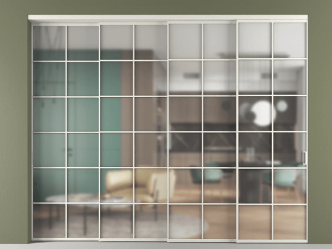 Перегородка Formato внутри проёма 4 створки с синхронным механизмом АЛПР 040.05 Алюминий Белый Сатинированное стекло "Matelux Crystal Vision", калёное, матовое, каленое 6 мм Цена 3500020 ₸ | Volhovec