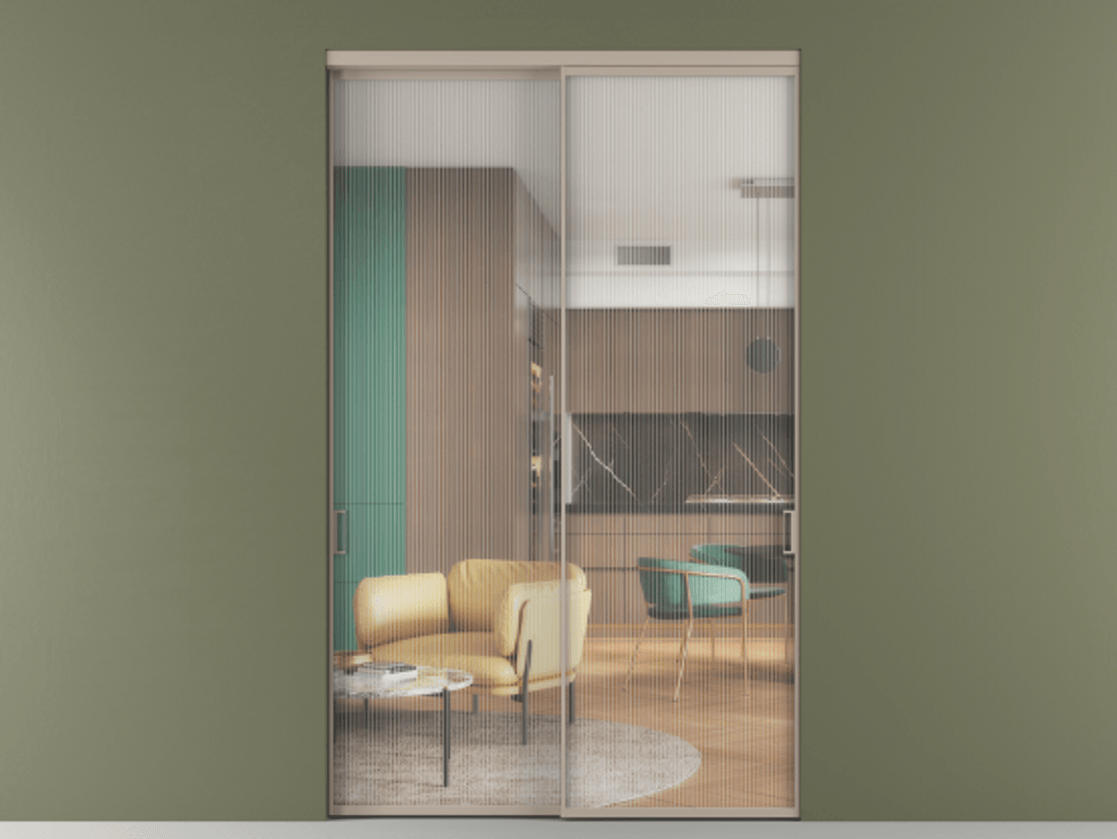 Перегородка Formato внутри проёма двустворчатая АЛПР 040.01 Алюминий бисквитный Рифлёное стекло "Moru", триплекс, 8 мм.  Цена 1266100 ₸ 1. Полотно 2 шт.  (800/2100 мм)
2. Комплект установки раздвижной системы
3. Базовый комплект фурнитуры
4.Ручка RONDO. Фабрика дверей Волховец 8 (800) 551 43 19  Перегородка Formato внутри проёма двустворчатая АЛПР 040.01 Алюминий бисквитный Рифлёное стекло "Moru", триплекс, 8 мм Цена 1266100 ₸  | Volhovec