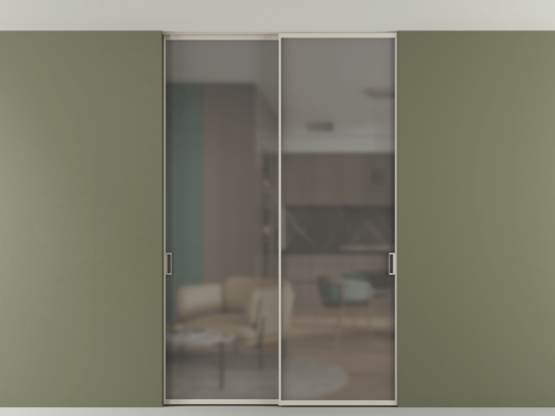 Перегородка Формато внутри проёма скрытое крепление в потолок 2 створки АЛПР 040.01 Алюминий светло-бежевый Сатинированное серое стекло, триплекс Цена 2098958 ₸ | Volhovec