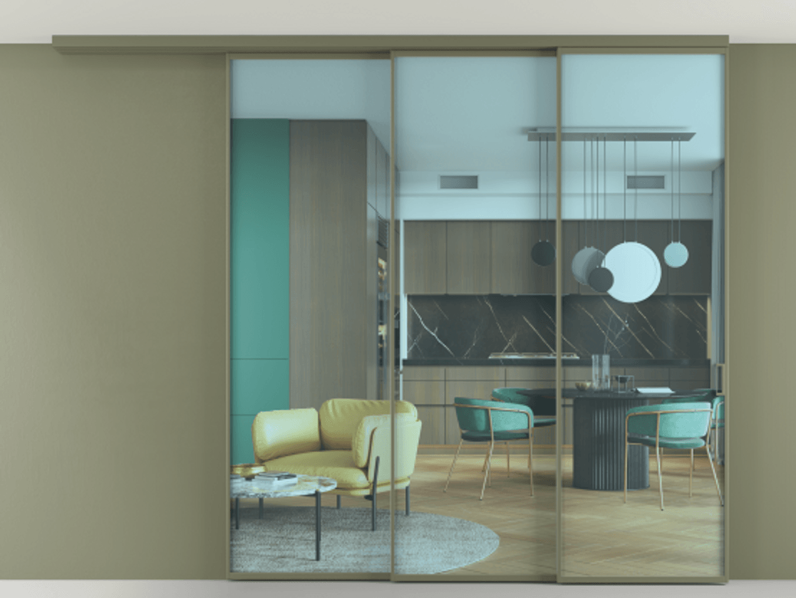 Перегородка Формато вдоль стены на потолок 3 створки с синхронным механизмом АЛПР 040.01 Алюминий оливковый тёмный Прозрачное голубое стекло, триплекс Цена 2801793 ₸ | Volhovec