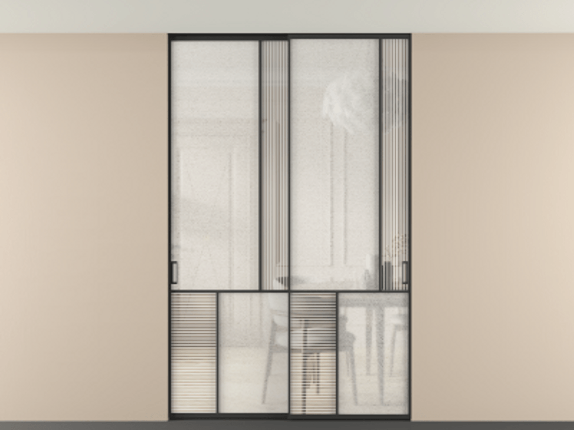 Перегородка Mosaic внутри проёма скрытое крепление в потолок 2 створки АЛПР 041.21 Алюминий Черный Рифлёное стекло "Дюна", триплекс, 6 мм + Фактурное стекло "Лёд", триплекс. Скрытый короб ЧЕР Цена 2065560 ₸ . Фабрика дверей Волховец 8 (800) 551 43 19 Перегородка Mosaic внутри проёма скрытое крепление в потолок 2 створки АЛПР 041.21 Алюминий Черный Рифлёное стекло "Дюна", триплекс, 6 мм + Фактурное стекло "Лёд", триплекс Цена 2065560 ₸ | Volhovec