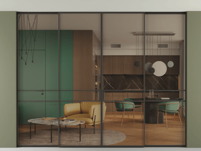 Алюминевая перегородка АЛПР 040.02_ААН_Бронза триплекс_new. Цвет Алюминий антрацит. Материал Алюминий в эмали. Коллекция Перегородка Formato внутри проёма четырёхстворчатая со скрытым креплением в потолок. Фото. Алюминевая перегородка АЛПР 040.02_ААН_Бронза триплекс_new. Цвет Алюминий антрацит. Материал Алюминий в эмали. Коллекция Перегородка Formato внутри проёма четырёхстворчатая со скрытым креплением в потолок. Картинка.