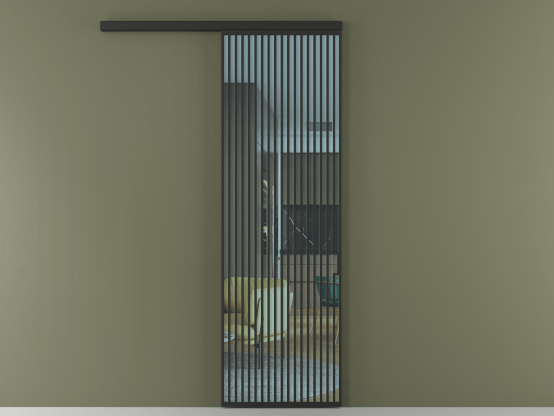 Алюминевая перегородка АЛПР 040.06_ЧРН_ПРОЗ ГОЛ_new. Цвет Алюминий Черный. Материал Алюминий. Коллекция Перегородка Formato вдоль стены 1 створка. Картинка.