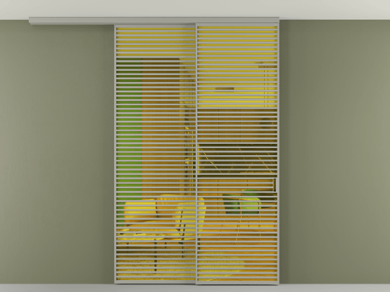 Алюминевая перегородка АЛПР 040.07_АНСР_ПРОЗ ЖЕЛ_new. Цвет Алюминий нейтральный серый. Материал Алюминий в эмали. Коллекция Перегородка Formato вдоль стены на потолок 2 створки с синхронным механизмом. Картинка.