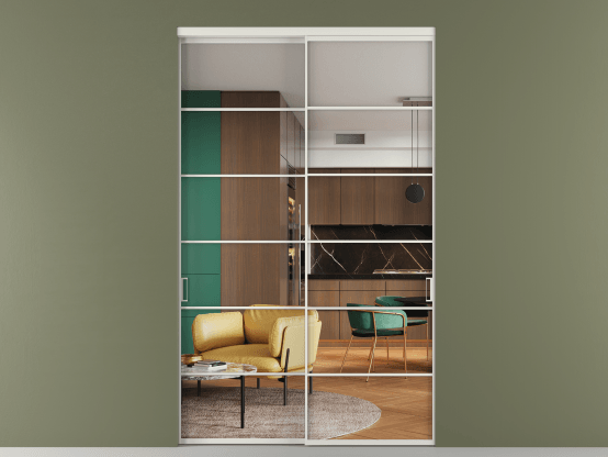 Алюминевая перегородка АЛПР 040.04_АСР_Crystalvision_new. Цвет Алюминий серый. Материал Алюминий в эмали. Коллекция Перегородка Формато внутри проёма 2 створки. Картинка.