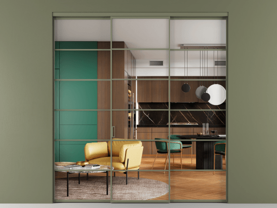 Алюминевая перегородка АЛПР 040.04_АОТ_Crystalvision_new. Цвет Алюминий оливковый тёмный. Материал Алюминий в эмали. Коллекция Перегородка Формато внутри проёма 3 створки. Картинка.