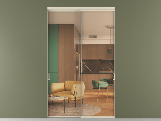 Алюминевая перегородка vn2_01_ Алюминий бежево-серый Прозрачное оранжевое стекло, триплекс, 6мм. Цвет Алюминий бежево-серый. Материал Алюминий в эмали. Коллекция Перегородка Формато внутри проёма 2 створки. Картинка.