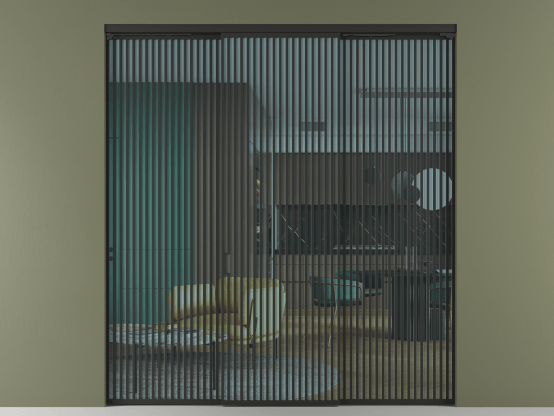 Алюминевая перегородка АЛПР 040.06_ЧРН_ПРОЗ ГОЛ_new. Цвет Алюминий Черный. Материал Алюминий. Коллекция Перегородка Formato внутри проёма 3 створки. Картинка.