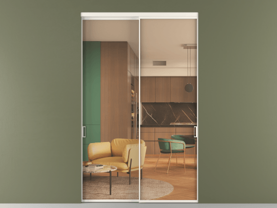 Алюминевая перегородка vn2_01_ Алюминий пудровый белый Прозрачное оранжевое стекло, триплекс, 6мм. Цвет Алюминий пудровый белый. Материал Алюминий в эмали. Коллекция Перегородка Формато внутри проёма 2 створки. Картинка.