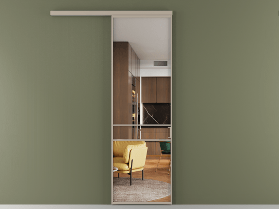 Алюминевая перегородка АЛПР 040.02_АБСК_Crystalvision_new. Цвет Алюминий бисквитный. Материал Алюминий в эмали. Коллекция Перегородка Формато вдоль стены 1 створка. Картинка.