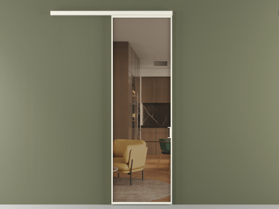 Алюминевая перегородка АЛПР 040.01_АЖМ_Бронза триплекс_new. Цвет Алюминий жемчужный. Материал Алюминий в эмали. Коллекция Перегородка Formato вдоль стены 1 створка. Картинка.