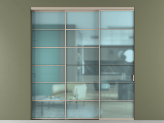 Алюминевая перегородка АЛПР 040.04_АБСК_САТ ГОЛ_new. Цвет Алюминий бисквитный. Материал Алюминий в эмали. Коллекция Перегородка Формато внутри проёма 3 створки с синхронным механизмом. Картинка.