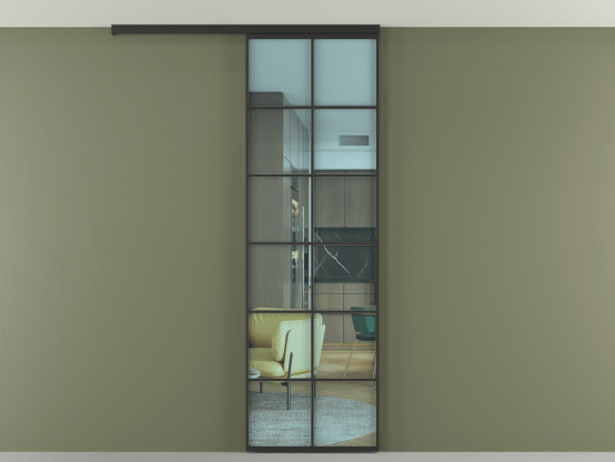 Алюминевая перегородка АЛПР 040.05_ЧРН_ПРОЗ ГОЛ_new. Цвет Алюминий Черный. Материал Алюминий. Коллекция Перегородка Formato вдоль стены на потолок 1 створка. Картинка.