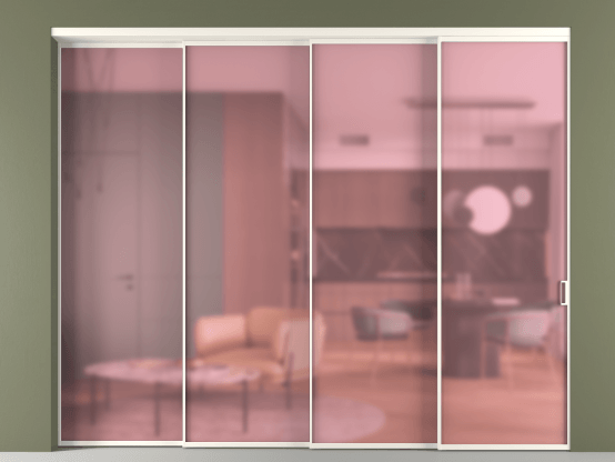 Алюминевая перегородка vn4_01_ Алюминий пудровый белый Сатинированное розовое стекло, триплекс, 6мм. Цвет Алюминий пудровый белый. Материал Алюминий в эмали. Коллекция Перегородка Формато внутри проёма 4 створки с синхронным механизмом. Картинка.